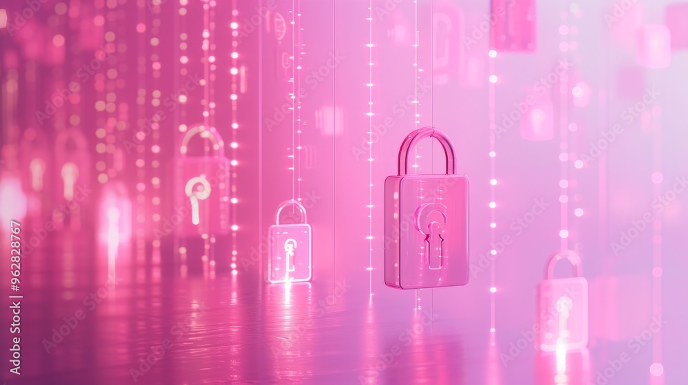 Futuristic pink padlocks float in a neon digital environment, representing advanced data security and protection. This striking image is ideal for showcasing concepts of cyber security, privacy, and Futuristic pink padlocks float in a neon digital environment, representing advanced data security and protection. This striking image is ideal for showcasing concepts of cyber security, privacy, and