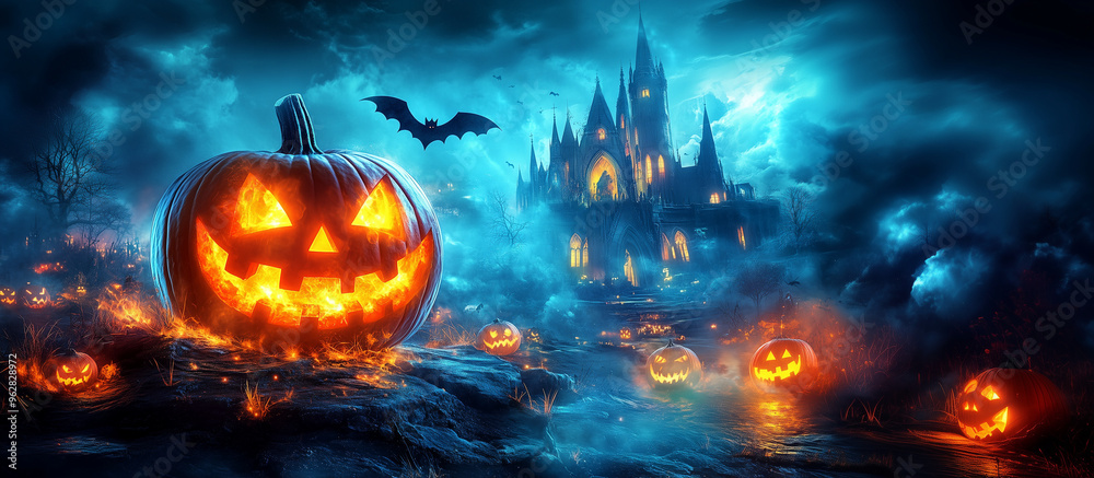 Happy Halloween banner or party invitation background with clouds, bats and pumpkins in paper cut style. Vector illustration. Full moon in orange sky, spiders web and witch cauldron. Place for text Happy Halloween banner or party invitation background with clouds, bats and pumpkins in paper cut style. Vector illustration. Full moon in orange sky, spiders web and witch cauldron. Place for text