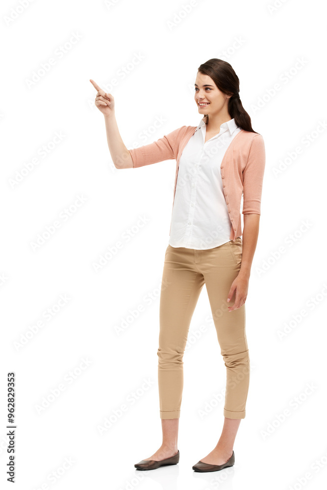 Happy, woman and pointing of direction in studio for presentation news, scholarship deal and announcement. Smile, girl and student advertising, university schedule and sign up on white background Happy, woman and pointing of direction in studio for presentation news, scholarship deal and announcement. Smile, girl and student advertising, university schedule and sign up on white background
