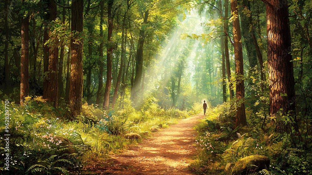 Obraz premium morning in the forest, Hiking in the beautiful natural forest