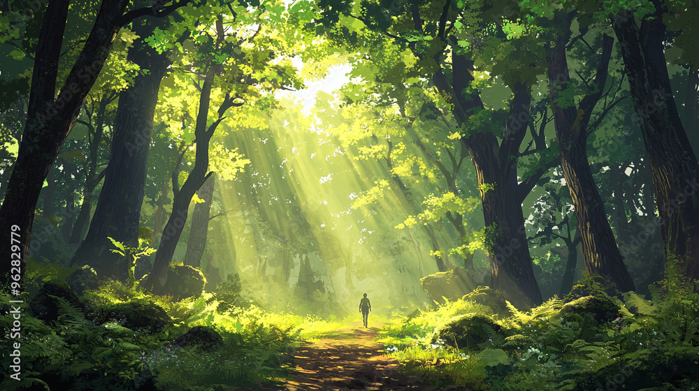 Obraz premium morning in the forest, Hiking in the beautiful natural forest