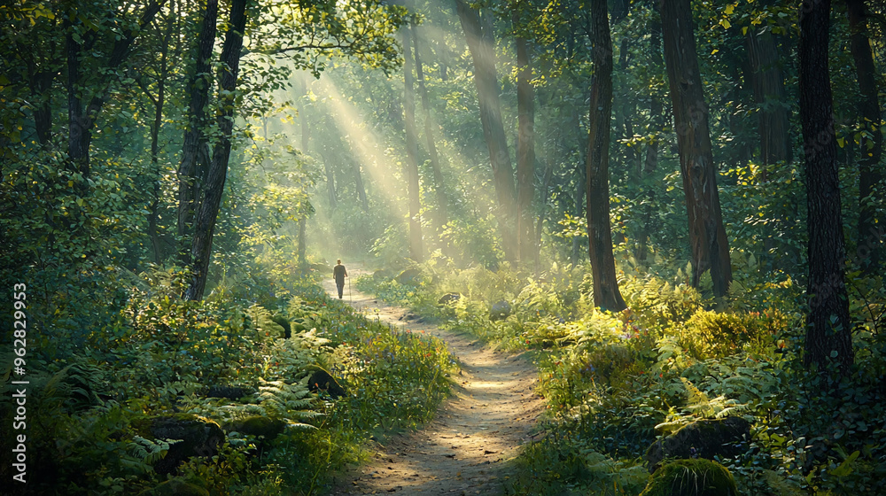 Obraz premium morning in the forest, Hiking in the beautiful natural forest