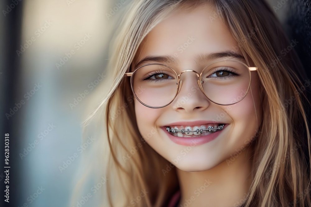 A young girl with braces on her teeth smiling at the camera A young girl with braces on her teeth smiling at the camera