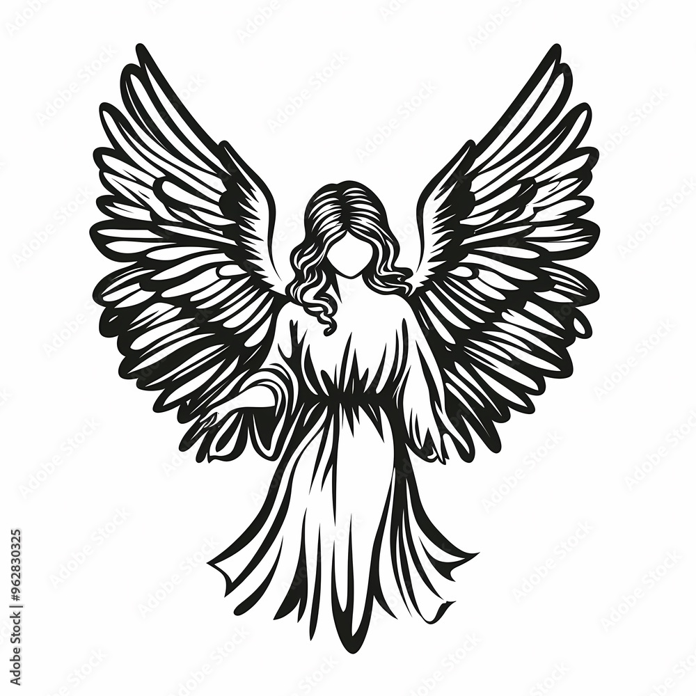 Obraz premium Black and white illustration of an angel with large wings.