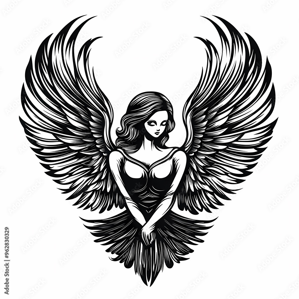 Obraz premium A black and white illustration of an angel with large wings, looking down.