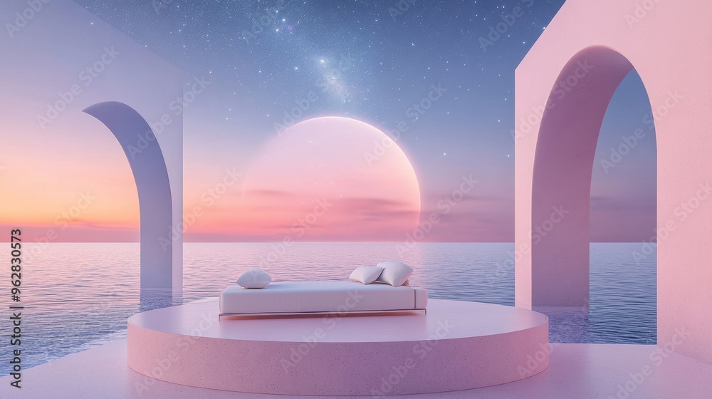 3D white cylindrical podium with Surreal architecture with arched ...