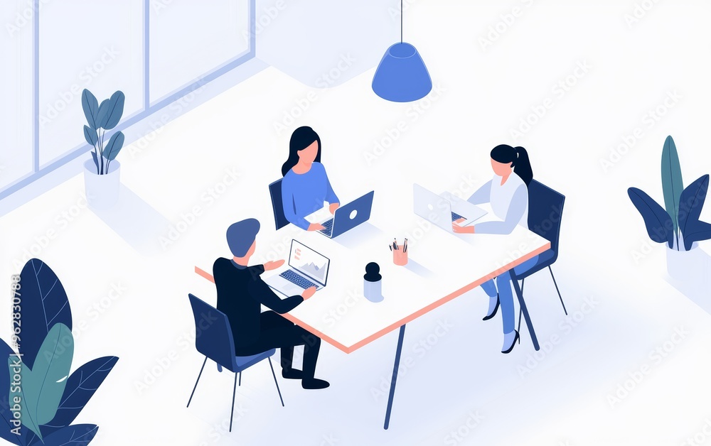 A high-tech office space with people collaborating around a large conference table A high-tech office space with people collaborating around a large conference table