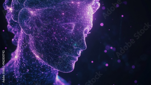 3D rendered classic sculpture Metaverse avatar with network of low-poly glowing purple lines. Machine learning and artificial intelligence concept. Animated 3D NFT artwork example. Web 3.0 technology 