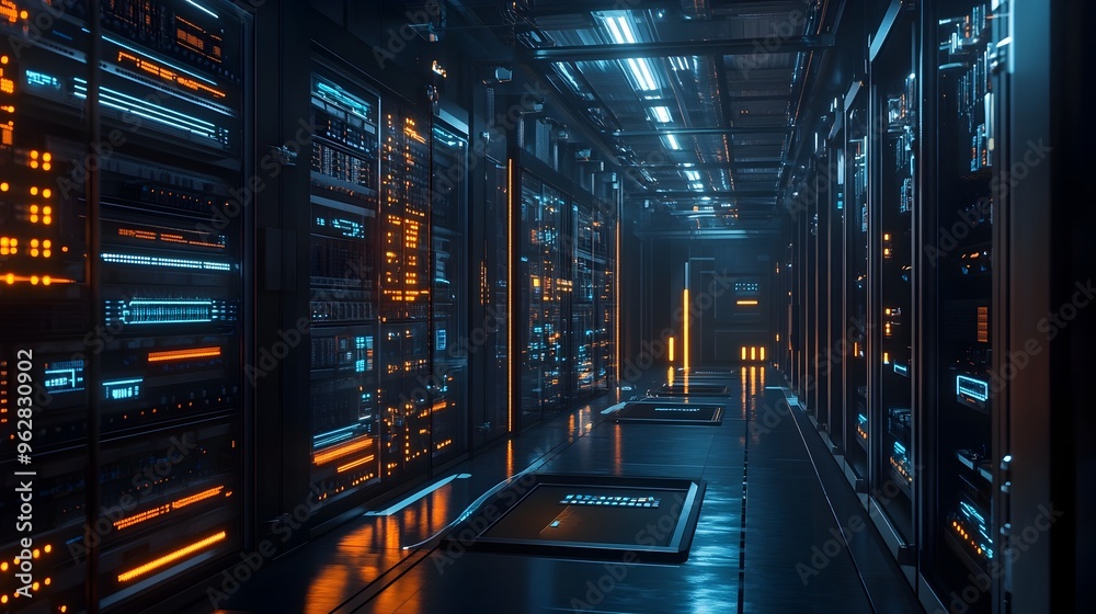 Futuristic Server and Database Infrastructure in Cyberpunk Inspired Data Center Futuristic Server and Database Infrastructure in Cyberpunk Inspired Data Center