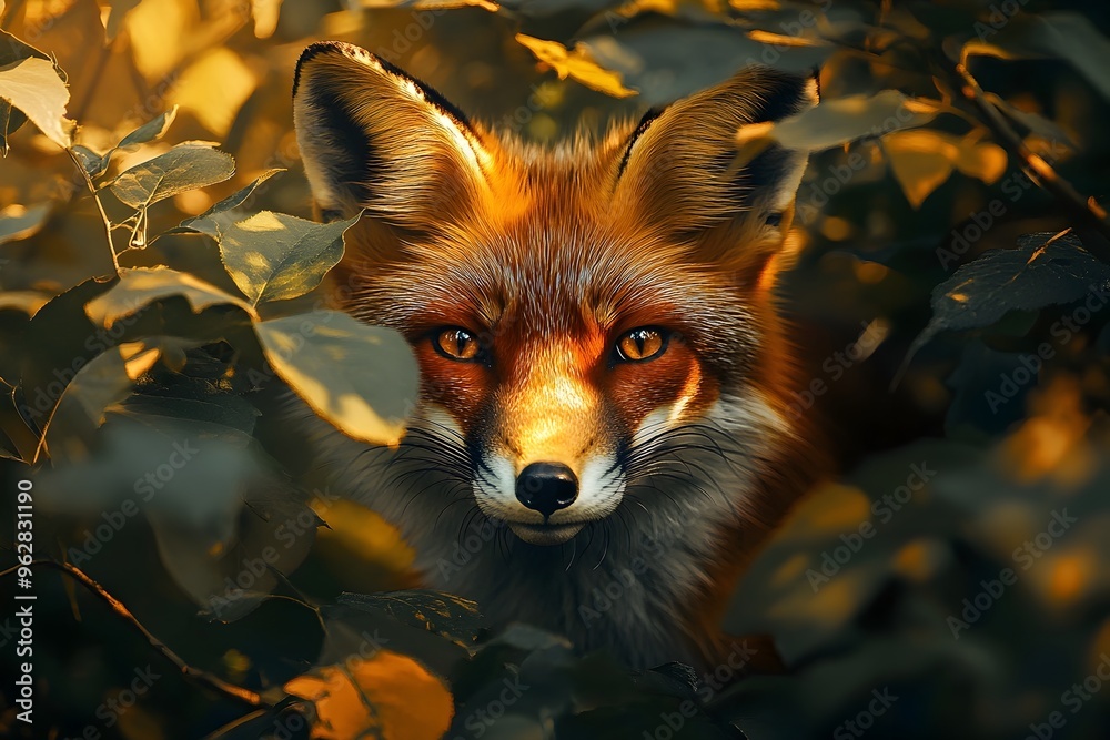 Fototapeta premium Vibrant Fox Portrait Peering Through Lush Foliage with Piercing Amber Eyes