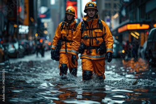 Emergency responders navigate flooded Times Square during a severe rainstorm in New York City in the early evening