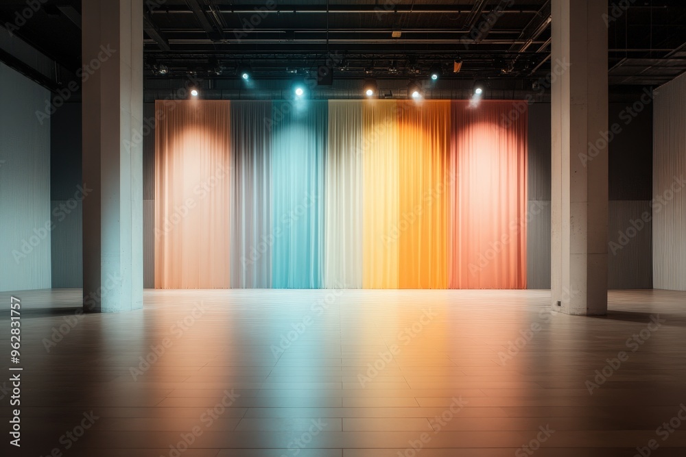 Stunning Display of Rainbow-Hued Drapes Illuminated in a Contemporary Space with Warm Lights Stunning Display of Rainbow-Hued Drapes Illuminated in a Contemporary Space with Warm Lights