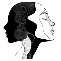 Fotobehang Een lijn Abstract illustration of two female faces in black and white, one with eyes closed and one with eyes open, forming a yin-yang symbol.  © lily