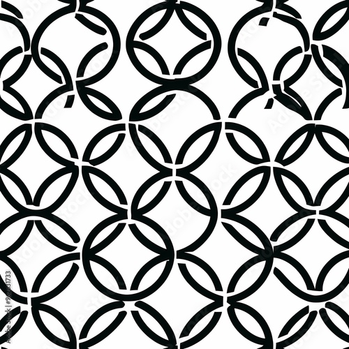 Seamless black and white geometric pattern with repeating interlocking circles.