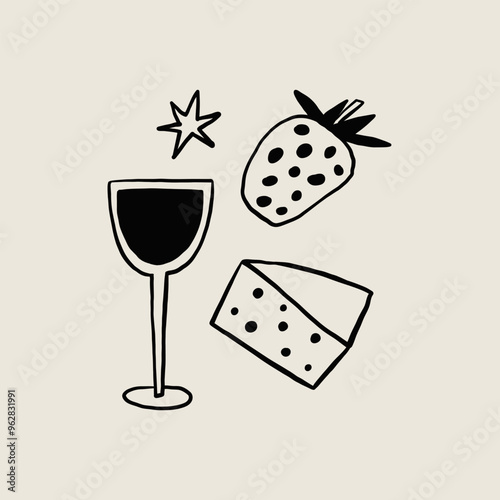 Minimalist Wine, Cheese, and Strawberry Illustration