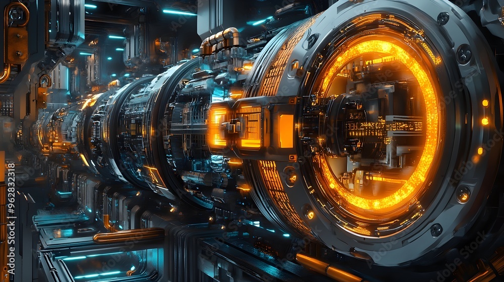 Futuristic Machinery and Intricate Circuitry in Retrofuturistic Industrial Environment