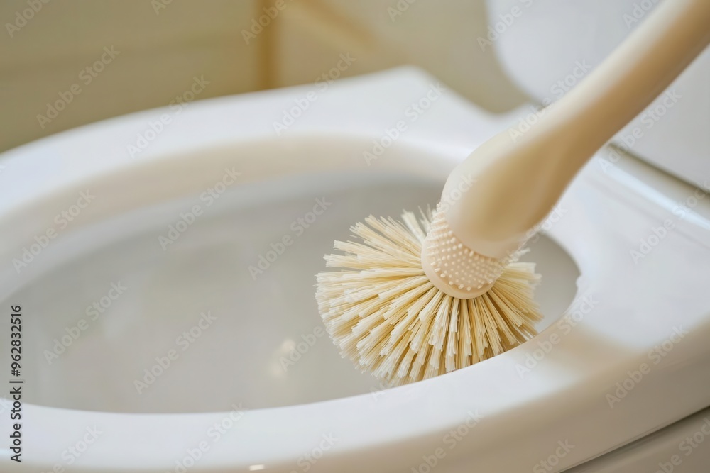 Close-up of a toilet bowl being scrubbed with a brush, clean and disinfected, bathroom hygiene, germ prevention Close-up of a toilet bowl being scrubbed with a brush, clean and disinfected, bathroom hygiene, germ prevention
