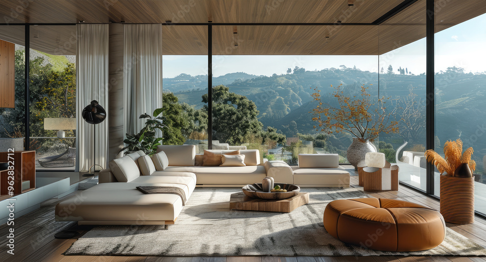 Fototapeta premium Hilltop villa, Minimalist living room, solid wood, leather sofa. Generative AI.