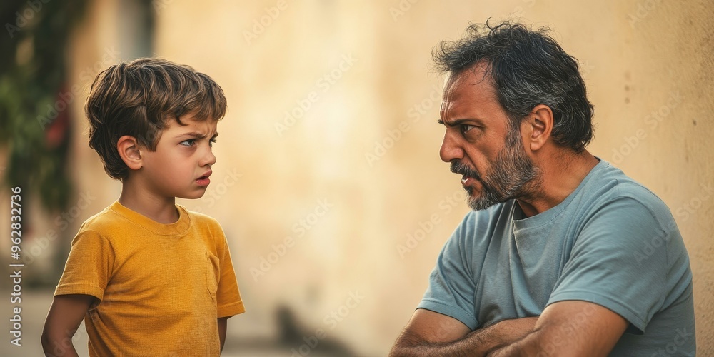 Obraz premium A father and son are having a serious discussion.