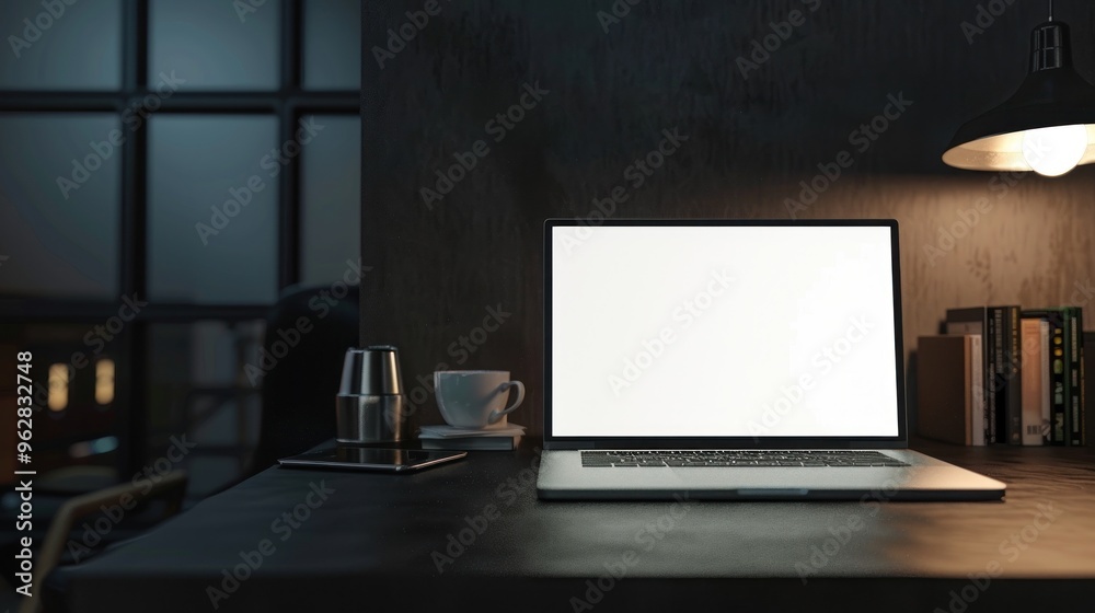 Laptop with blank screen on table with gray wall background Laptop with blank screen on table with gray wall background