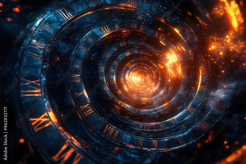 A stunning digital art piece representing a spiraling time vortex with roman numerals and cosmic elements, symbolizing infinity.Perfectly usable for all kind of topics related to time and history A stunning digital art piece representing a spiraling time vortex with roman numerals and cosmic elements, symbolizing infinity.Perfectly usable for all kind of topics related to time and history