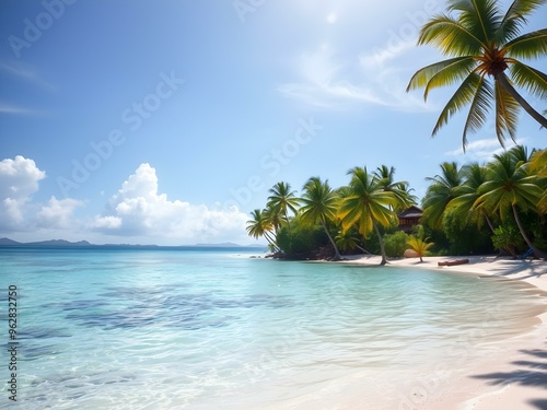 A tropical beach paradise with crystal clear water, white sand, and palm trees swaying in the breeze