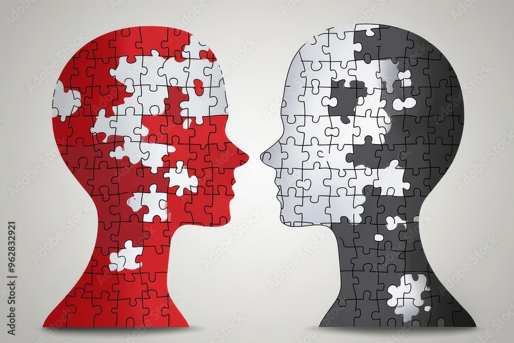 Neural chips Cognitive interface Abstract black and white illustration of two heads with red and white puzzle pieces symbolizing contrast in thoughts and emotions Neural chips Cognitive interface Abstract black and white illustration of two heads with red and white puzzle pieces symbolizing contrast in thoughts and emotions
