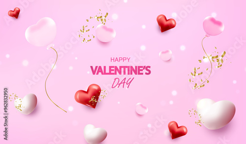 Holiday background with glossy hearts and balloons. Vector happy valentine's day illustration. Love banner design.