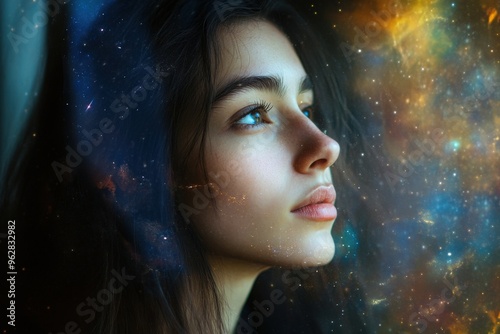 Artistic female portrait surrounded by space and time 