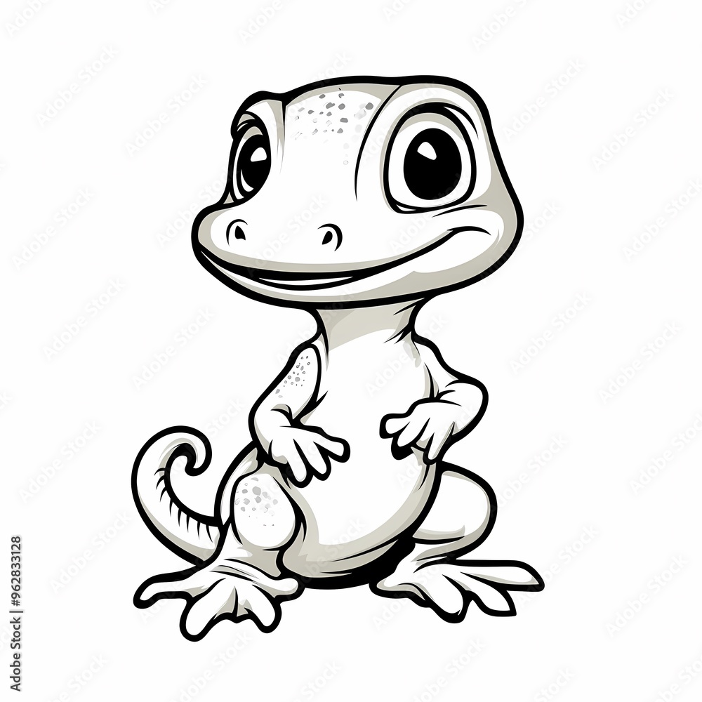 A cartoon illustration of a cute gecko with big eyes and a curled tail.