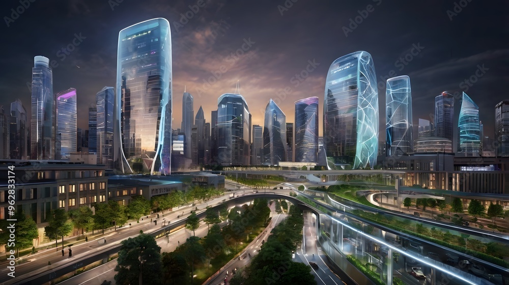 Fototapeta premium Executives discuss AI-driven strategies in a futuristic setting.