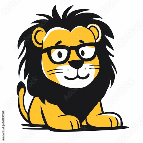 Cartoon illustration of a lion wearing glasses and smiling.