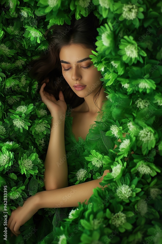 Stunning woman dressed in green flowers, serene pose, high-end fashion concept. Center composition of artistic photo captures tranquil scene with vibrant foliage and gentle expression. Stunning woman dressed in green flowers, serene pose, high-end fashion concept. Center composition of artistic photo captures tranquil scene with vibrant foliage and gentle expression.
