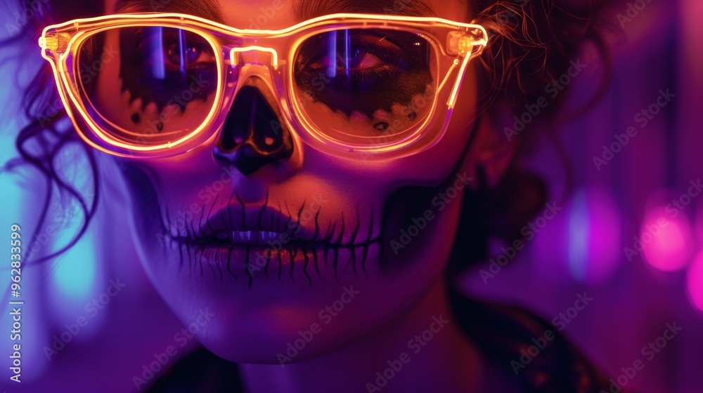 A woman wearing striking neon skull makeup and glowing glasses, set against a backdrop of vivid purple and blue lights. This image captures a blend of eerie and stylish elements, perfect for themed A woman wearing striking neon skull makeup and glowing glasses, set against a backdrop of vivid purple and blue lights. This image captures a blend of eerie and stylish elements, perfect for themed