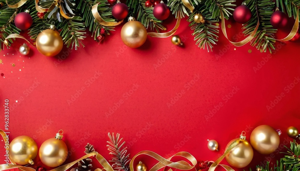 A festive red background with a border of pine branches, baubles, and gold ribbon. A festive red background with a border of pine branches, baubles, and gold ribbon.