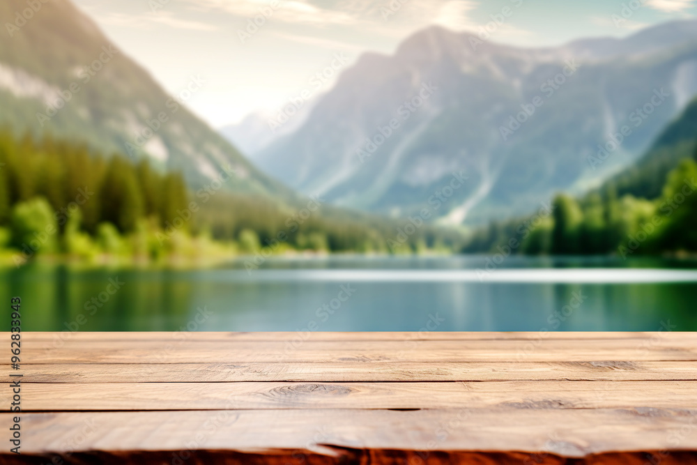 Empty wooden boards, weathered planks table top with blur background of landscape with lake or bay and mountains at sunny summer day. Empty wooden boards, weathered planks table top with blur background of landscape with lake or bay and mountains at sunny summer day.