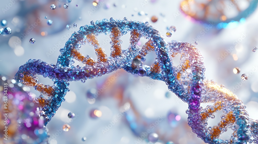 Close-up of a DNA strand with blue, purple, and orange hues, with water droplets in the background. Close-up of a DNA strand with blue, purple, and orange hues, with water droplets in the background.