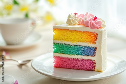 A vibrant slice of rainbow layer cake, with each layer a different color, presented on a white plate