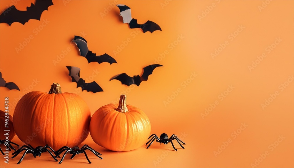 Orange halloween banner with pumpkin spider and bats Orange halloween banner with pumpkin spider and bats