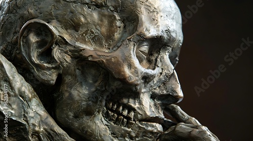 A detailed bronze sculpture of a skull, highlighting intricate textures and forms.