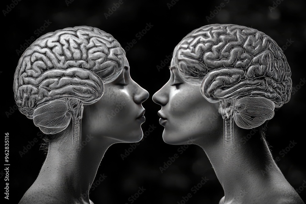 Neuro gear Cognitive interface Grayscale image of two women kissing with brains exposed symbolizing the deep emotional and intellectual connection between lovers