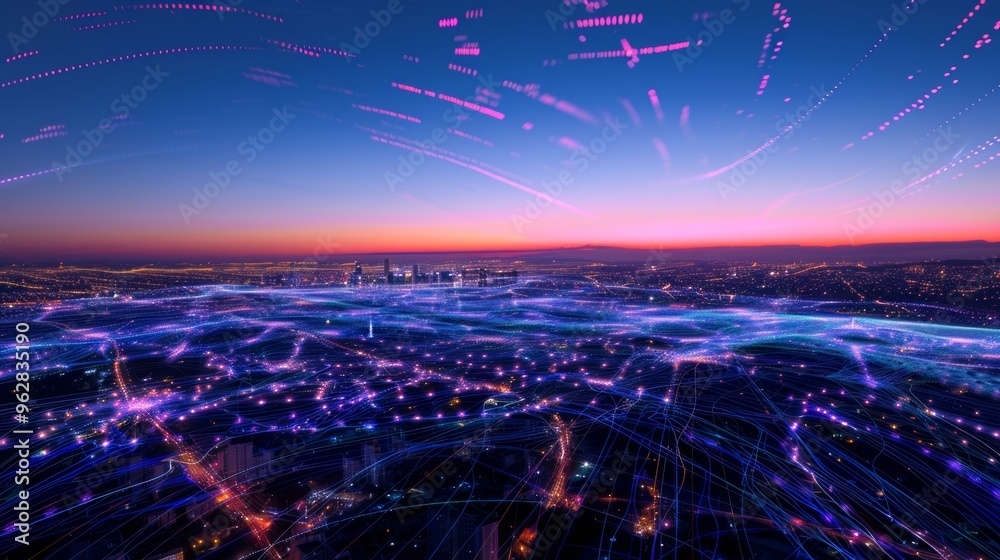 Photograph of a dynamic depiction of energy flow within an electrical grid, shown as a network of illuminated paths across an urban landscape at dusk. Photograph of a dynamic depiction of energy flow within an electrical grid, shown as a network of illuminated paths across an urban landscape at dusk.