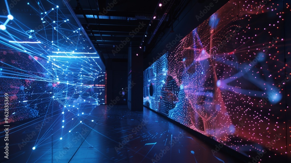 Photo of an ech backdrop with glowing fiber optic links, quantum computer networks, and global artificial intelligence. Photo of an ech backdrop with glowing fiber optic links, quantum computer networks, and global artificial intelligence.