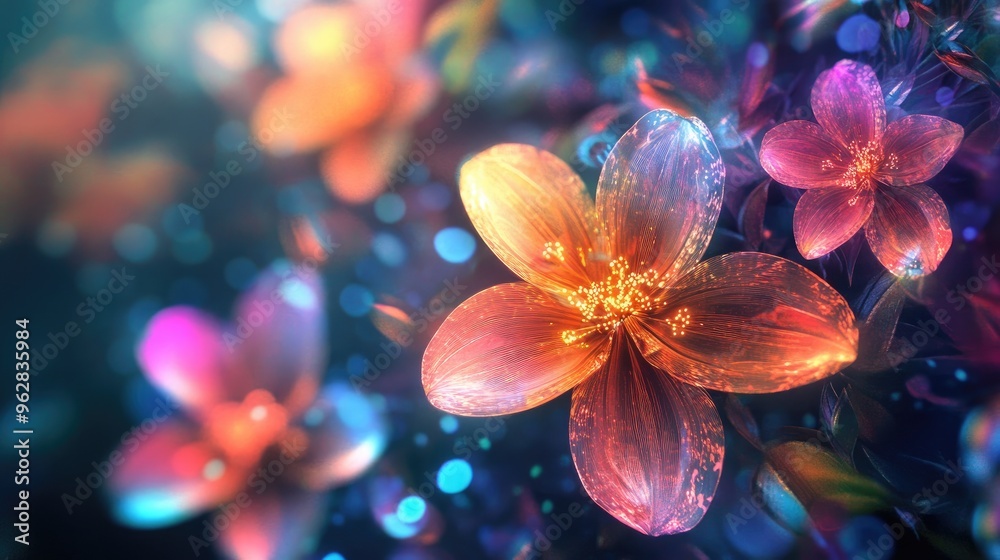 Fototapeta premium Abstract flowers with rainbow colors, radiating ethereal glow and luminous petals, set against a dreamlike dark background