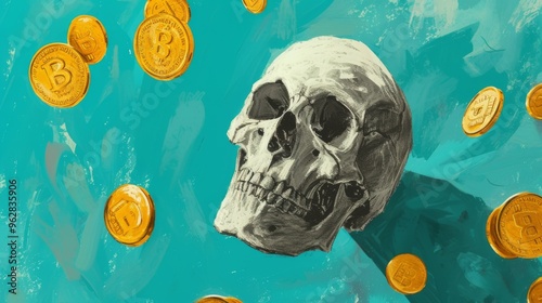 Digital painting of a skull surrounded by floating bitcoins, set against a teal background. The image blends modern digital currency symbolism with traditional macabre art, creating a thought photo