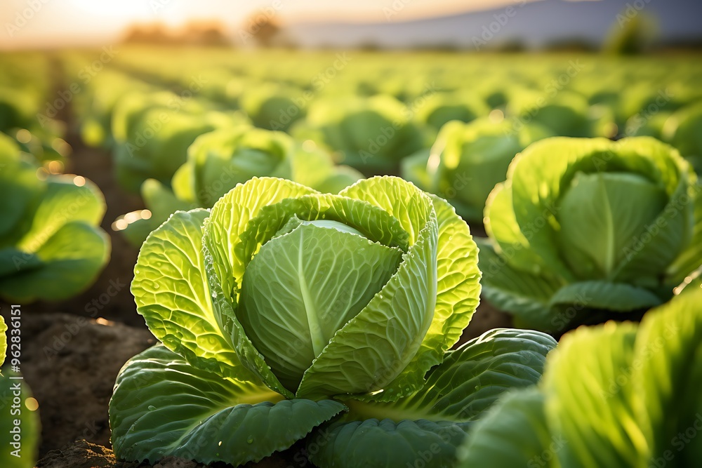 Cabbage field in the morning light with sun light Cabbage field in the morning light with sun light