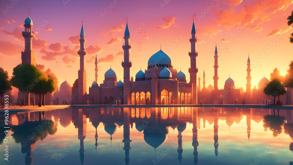 Obraz premium A beautiful city with a large mosque in the center