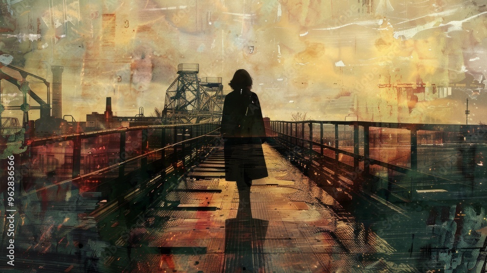 Photograph of a female engineer on a bridge, mixed media Photograph of a female engineer on a bridge, mixed media