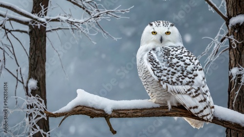 Winter scene with snowy owl on icy tree branch