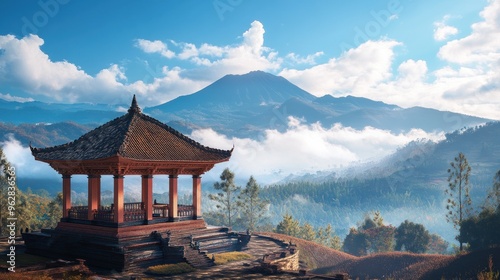 Gazebo with Mountain and Clouds